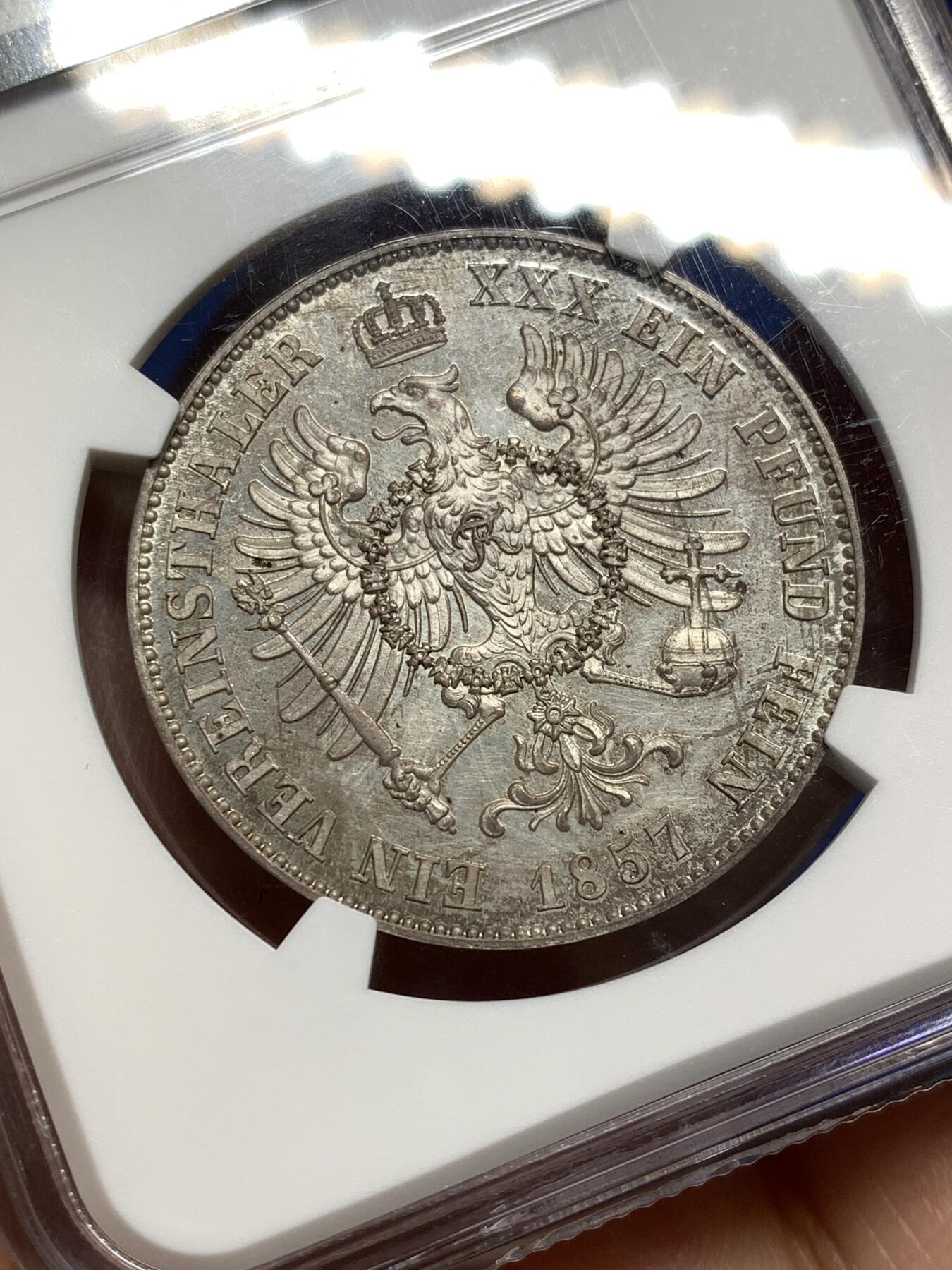 《竞宝斋》第481场 周日，周一 2场连拍 （全场包邮）20级店铺 欢迎送拍 唯一亚军分 NGC PF63CAMEO 德国1857A普鲁士威廉四世-洋葱头1泰勒离冠鹰银币 更高分仅1枚