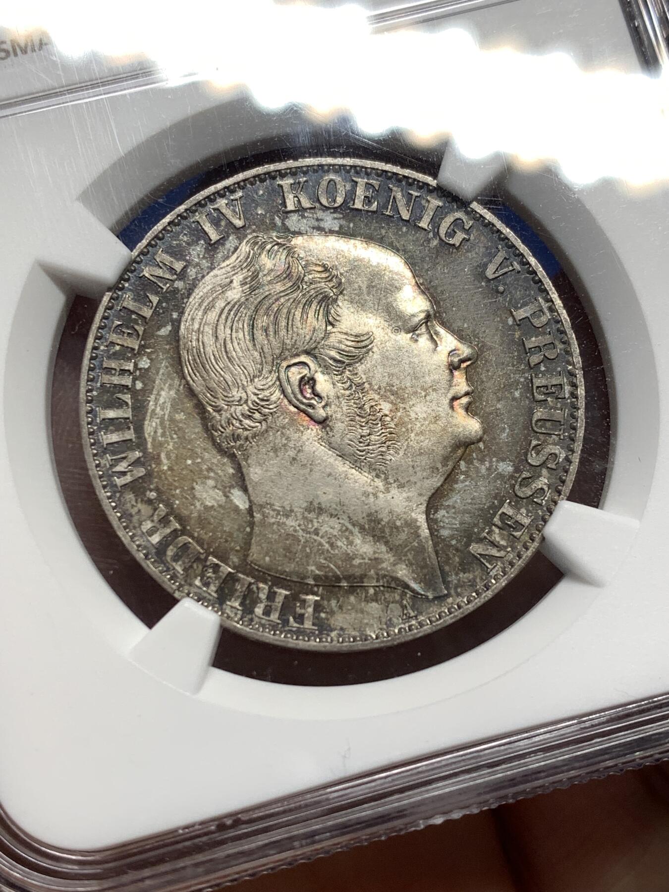 《竞宝斋》第481场 周日，周一 2场连拍 （全场包邮）20级店铺 欢迎送拍 唯一亚军分 NGC PF63CAMEO 德国1857A普鲁士威廉四世-洋葱头1泰勒离冠鹰银币 更高分仅1枚