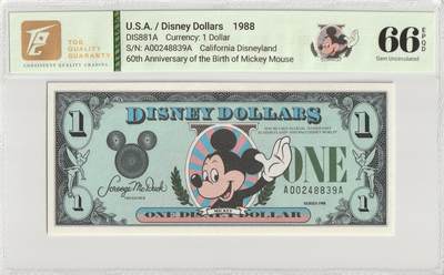 PThappally收藏第57次拍卖，英联邦地区硬币纸币 美国，1988年迪士尼1美元A系列 米奇诞辰60周年 TQG 66 EPQD Gem UNC