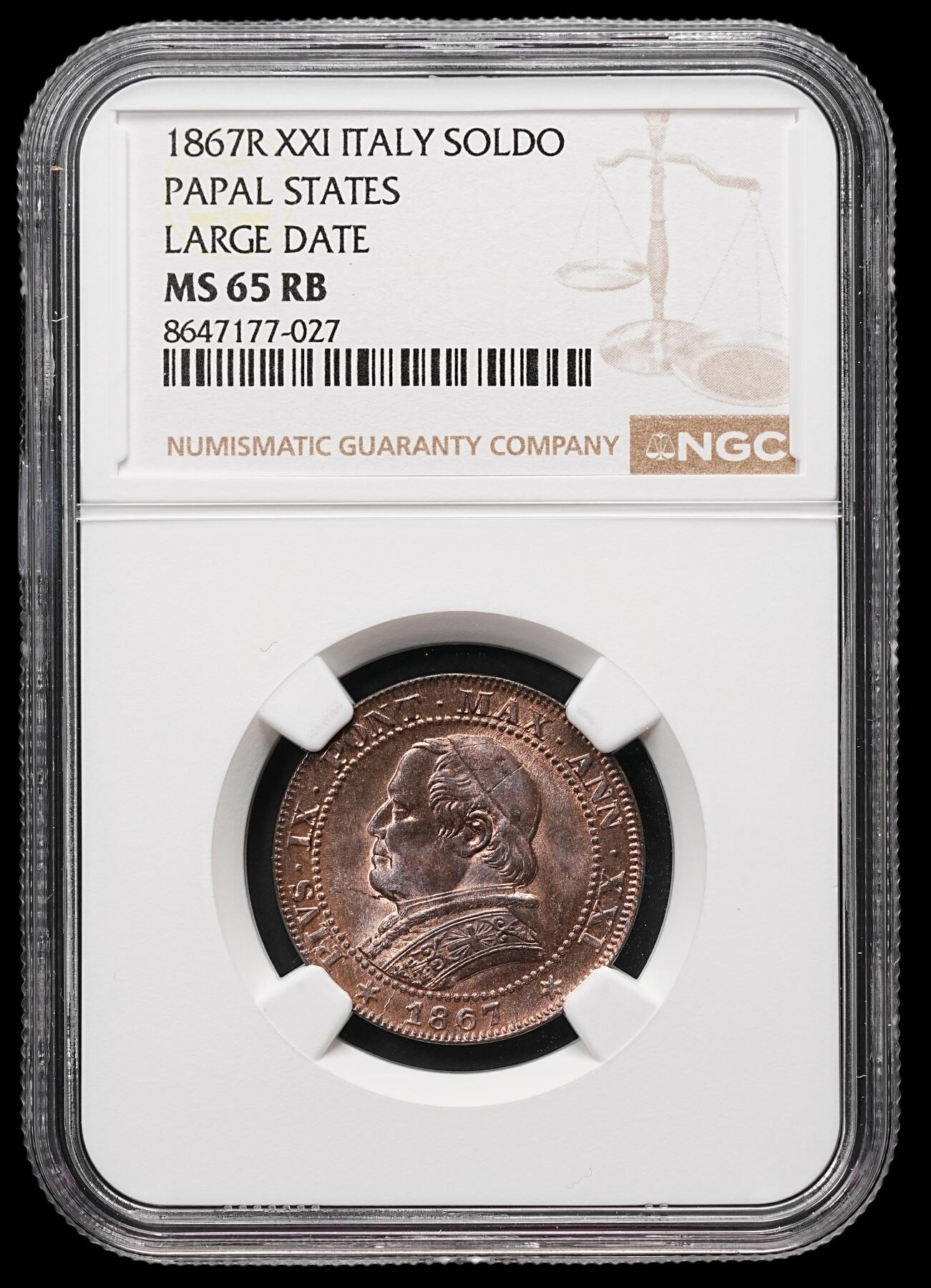 修遠堂世界钱币第112期 NGC MS65RB  1867年教皇国 1 Soldo 铜币