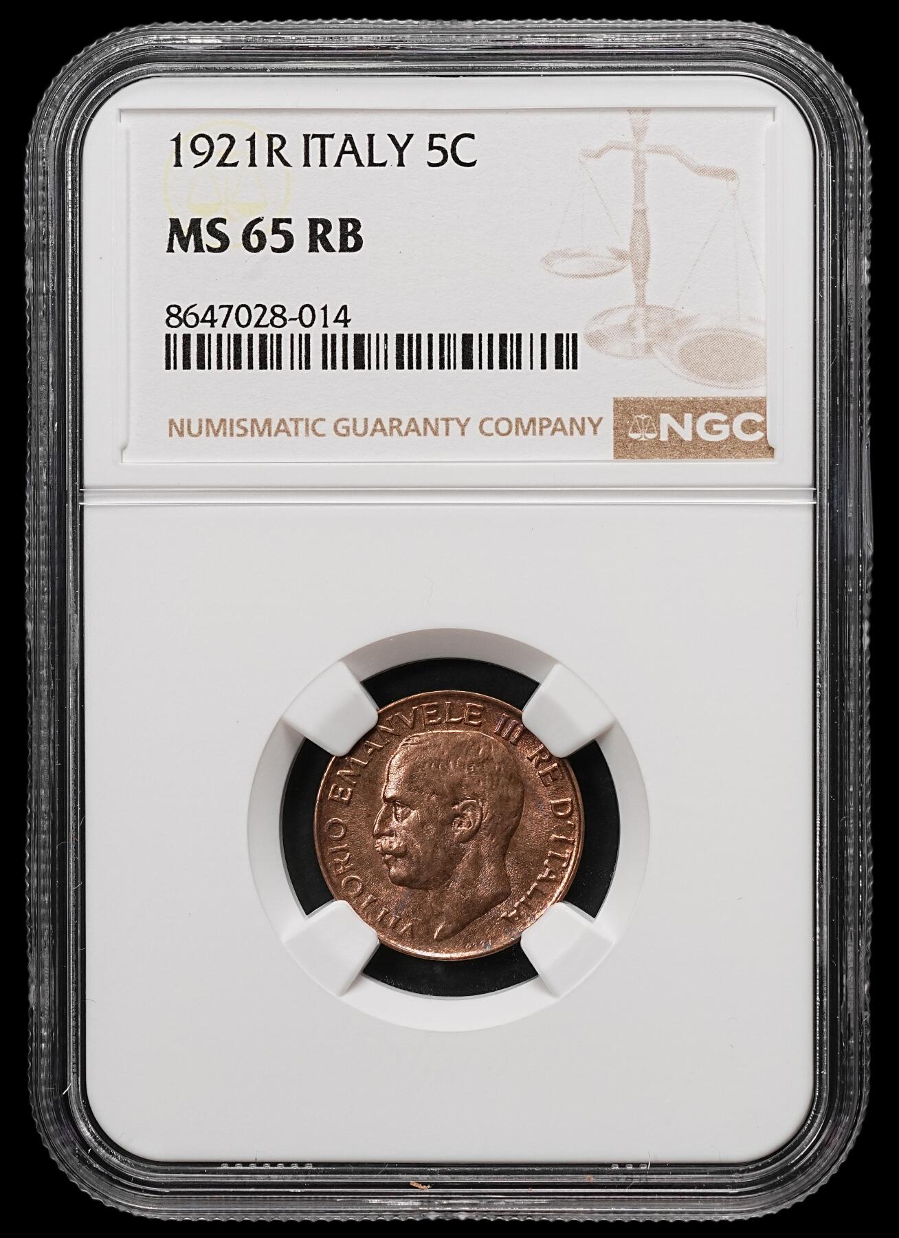 修遠堂世界钱币第112期 NGC MS65RB 1921年意大利5分铜币，上期拍品，被鸽重拍