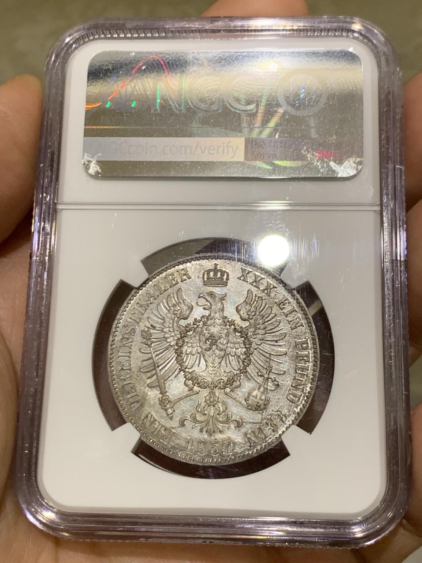 《竞宝斋》第481场 周日，周一 2场连拍 （全场包邮）20级店铺 欢迎送拍 唯一亚军分 NGC PF63CAMEO 德国1857A普鲁士威廉四世-洋葱头1泰勒离冠鹰银币 更高分仅1枚