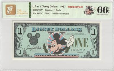 PThappally收藏第57次拍卖，英联邦地区硬币纸币 美国，1987年迪士尼1美元D系列替换版 TQG 66 EPQD Gem UNC