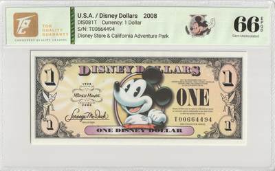 PThappally收藏第57次拍卖，英联邦地区硬币纸币 美国，2008 年迪士尼 1 美元 T 系列，用于迪士尼商店和乐园 TQG 66 EPQD Gem UNC