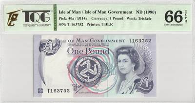 PThappally收藏第57次拍卖，英联邦地区硬币纸币 马姆岛，1990年，1英镑 签名 Dawson Pick 40a TQG 66 GEPQ Gem UNC 