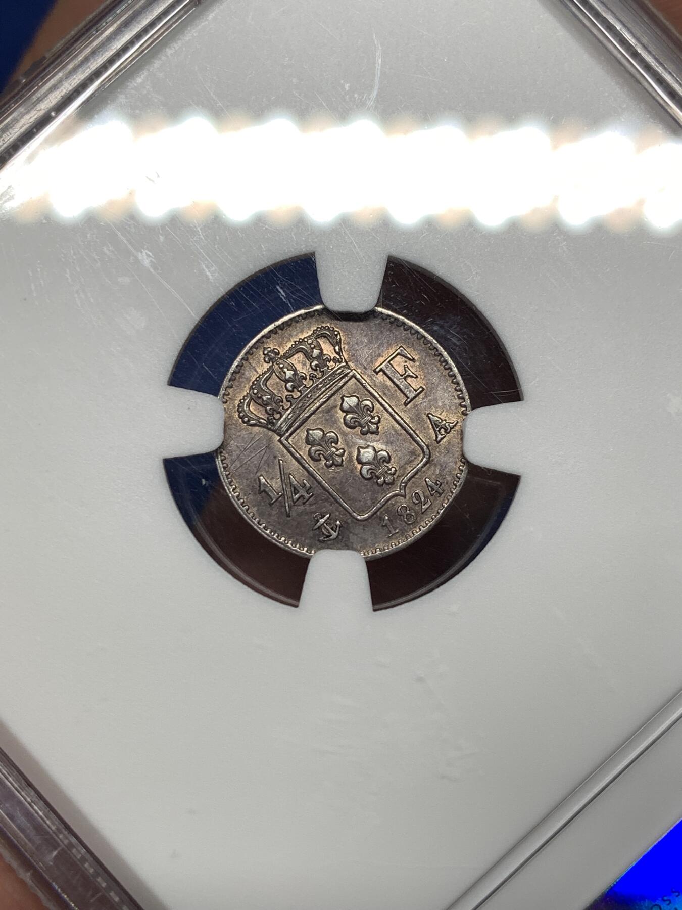 《竞宝斋》第481场 周日，周一 2场连拍 （全场包邮）20级店铺 欢迎送拍 NGC AUD 法国1824年路易十八1/4法郎银币，法郎辅币稀少。