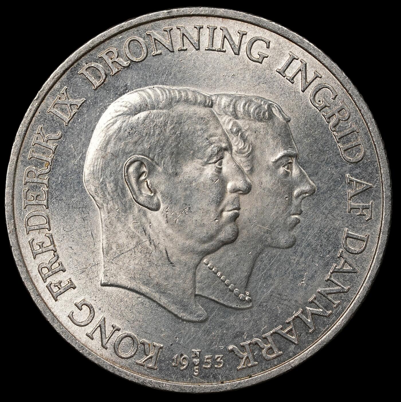 修遠堂世界钱币第112期 1953年丹麦格林兰结核防治纪念2克朗银币 15g，含银80%