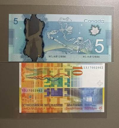 得物收藏 Chase Auction 第37期 - - 外钞、银元、民国钞和人民币混合场！ 持续更新！ 瑞士头版10法郎UNC，13J7002962，加拿大2013年5元塑料钞UNC，HCJ4812886两枚同拍！如图发货！