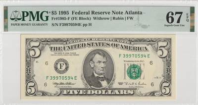 PThappally收藏第57次拍卖，英联邦地区硬币纸币 美国，1995年亚特兰大发行5美元，FR-1985F PMG 67 EPQ Superb Gem UNC