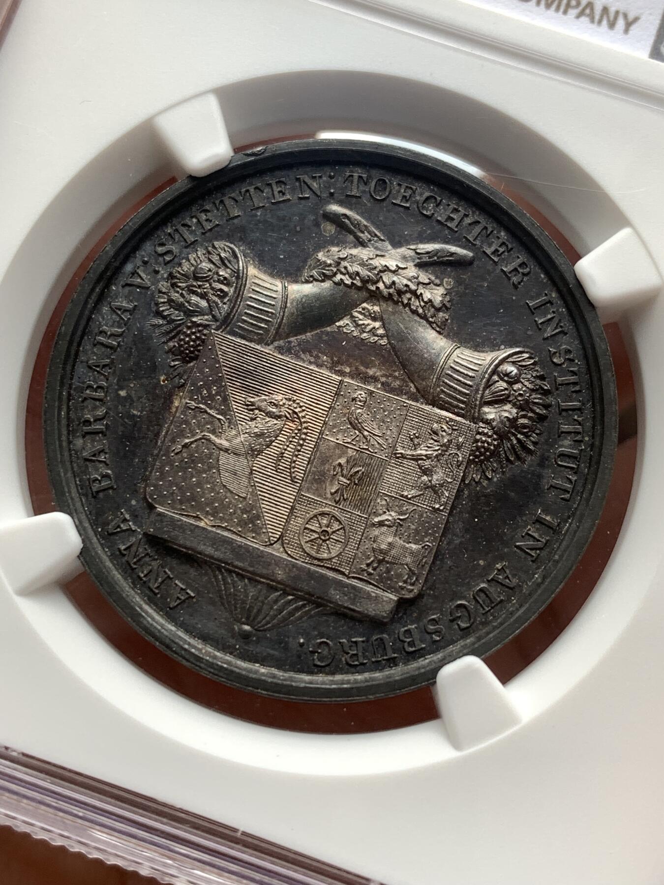 《竞宝斋》第481场 周日，周一 2场连拍 （全场包邮）20级店铺 欢迎送拍 NGC MS61 德国1837奥格斯堡女子学院纪念银章，极漂亮的欧洲黑五彩包浆，高浮雕高颜值。