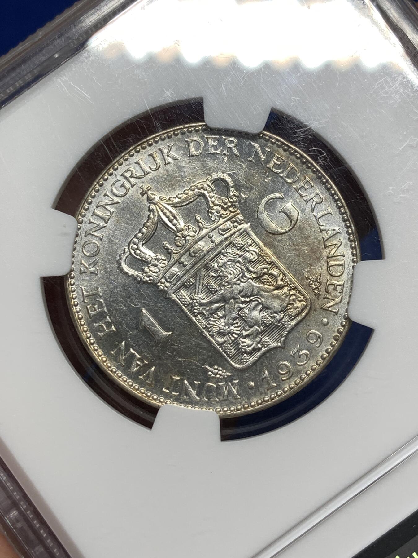 《竞宝斋》第481场 周日，周一 2场连拍 （全场包邮）20级店铺 欢迎送拍 NGC MS60 荷兰1939年1盾银币 好品稀少