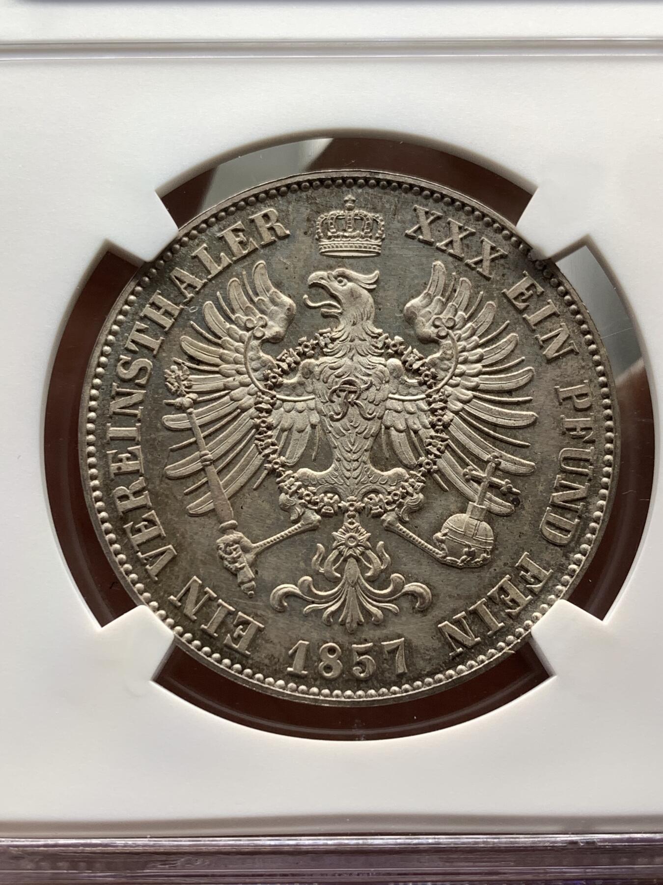 《竞宝斋》第481场 周日，周一 2场连拍 （全场包邮）20级店铺 欢迎送拍 唯一亚军分 NGC PF63CAMEO 德国1857A普鲁士威廉四世-洋葱头1泰勒离冠鹰银币 更高分仅1枚