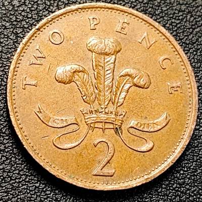 泉币菌-第229场-拍品多 请提前出价 英国1987年 2便士 威尔士亲王徽章 女王 高冠 钢镀铜币 25.9mm