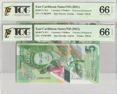 PThappally收藏第57次拍卖，英联邦地区硬币纸币 东加勒比国家，2021年，5美元 2张5连号 序列号 92-93 TQG 66 GEPQ Gem UNC