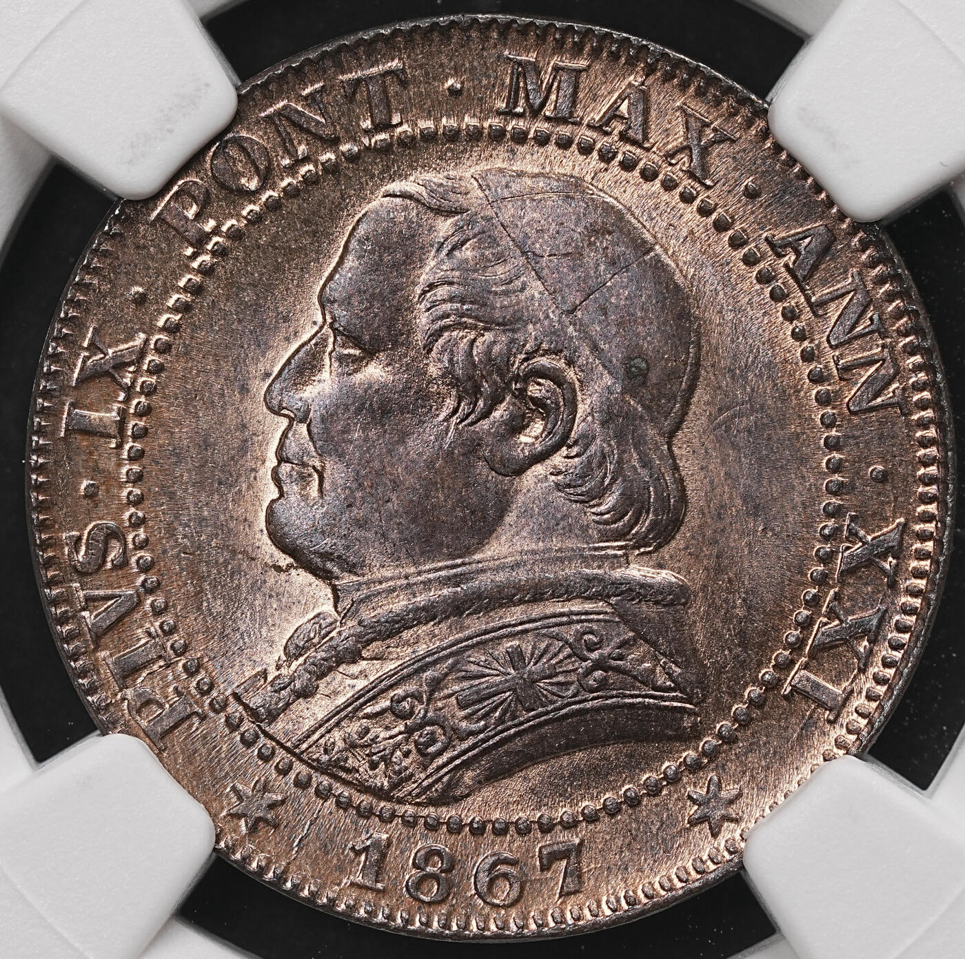 修遠堂世界钱币第112期 NGC MS65RB  1867年教皇国 1 Soldo 铜币