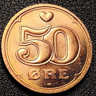 泉币菌-第229场-拍品多 请提前出价 原铜光极美 丹麦50欧尔硬币 皇冠