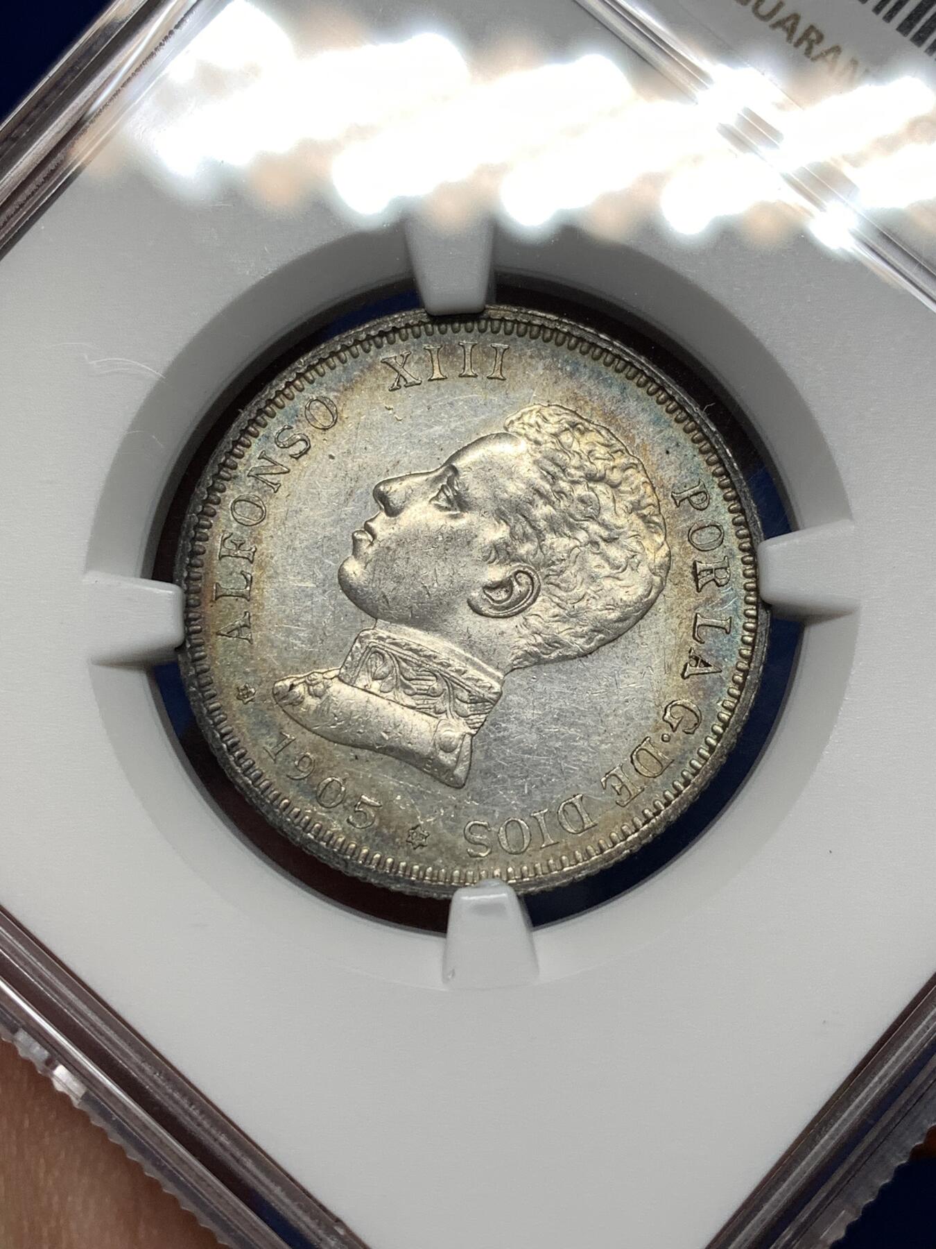 《竞宝斋》第481场 周日，周一 2场连拍 （全场包邮）20级店铺 欢迎送拍 NGC MS61 西班牙1905年阿方索十三世军装2比塞塔银币