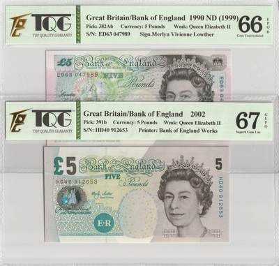PThappally收藏第57次拍卖，英联邦地区硬币纸币 英格兰银行，1999年，5英镑382Ab & 2002年5英镑391b TQG 66 EPQD and TQG 67 GEPQ Superb Gem UNC 
