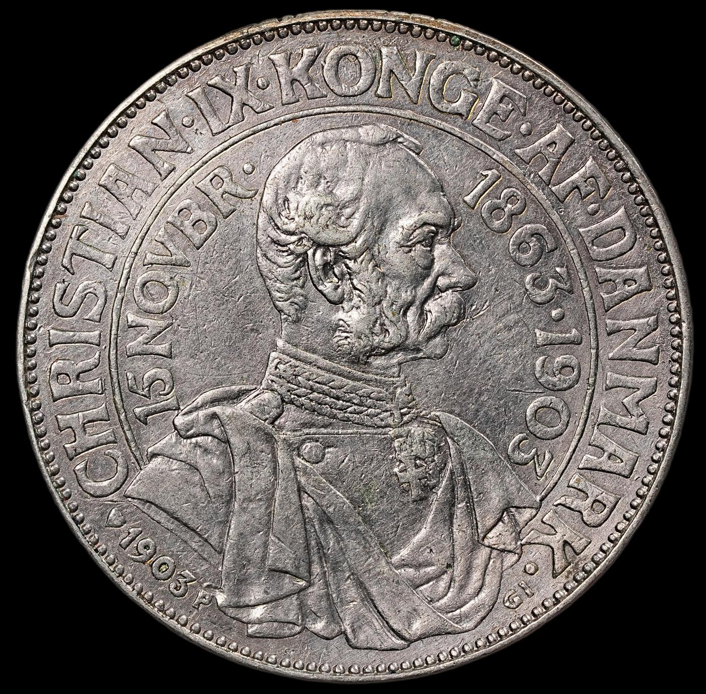 修遠堂世界钱币第112期 1903年丹麦国王登基40周年纪念2克朗银币 15g，含银80%