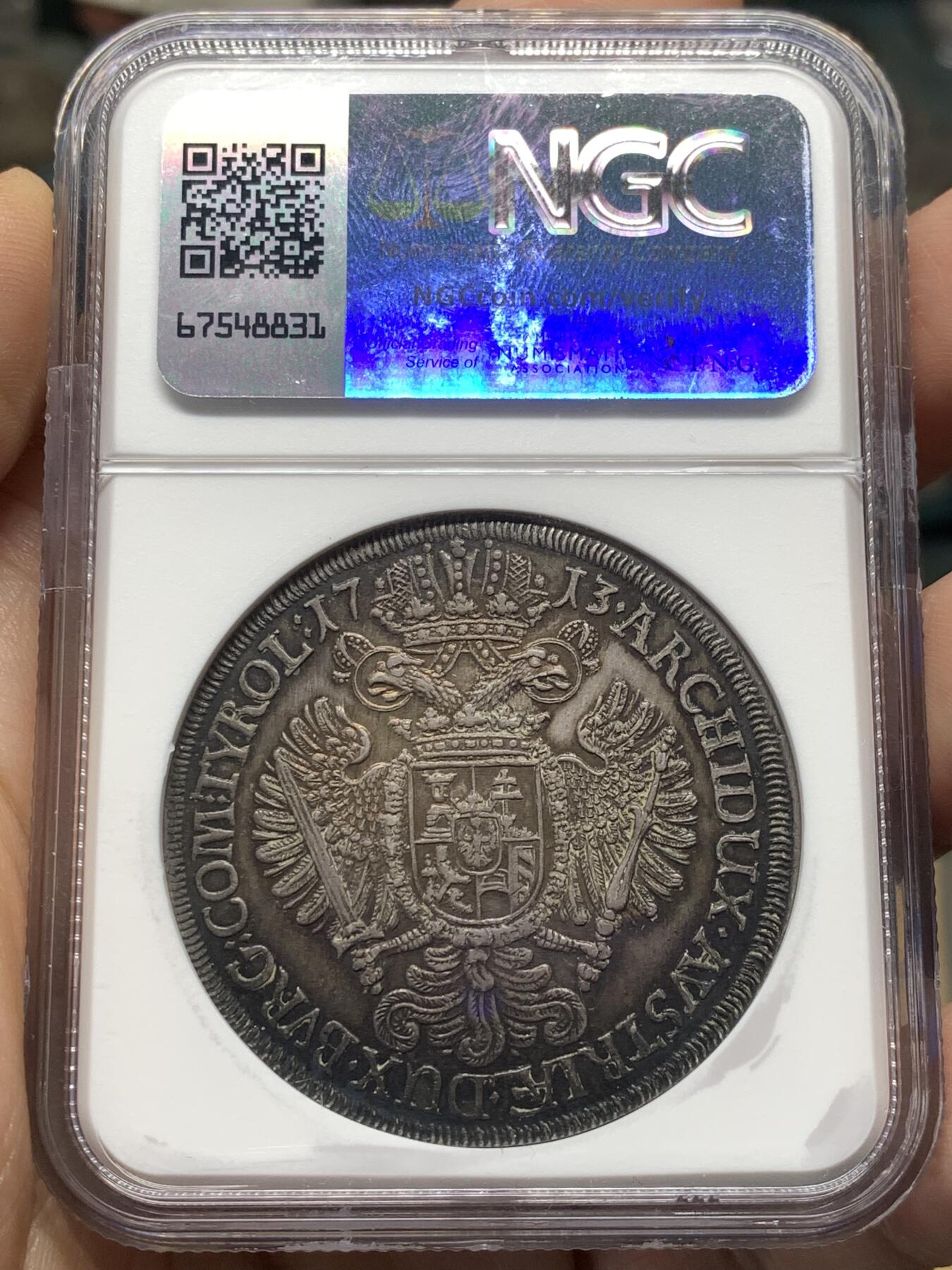 《竞宝斋》第481场 周日，周一 2场连拍 （全场包邮）20级店铺 欢迎送拍 NGC MS61 神圣罗马帝国1713年卡尔六世双头鹰大泰勒 超绝大波浪 原味深五彩包浆 疑似低评