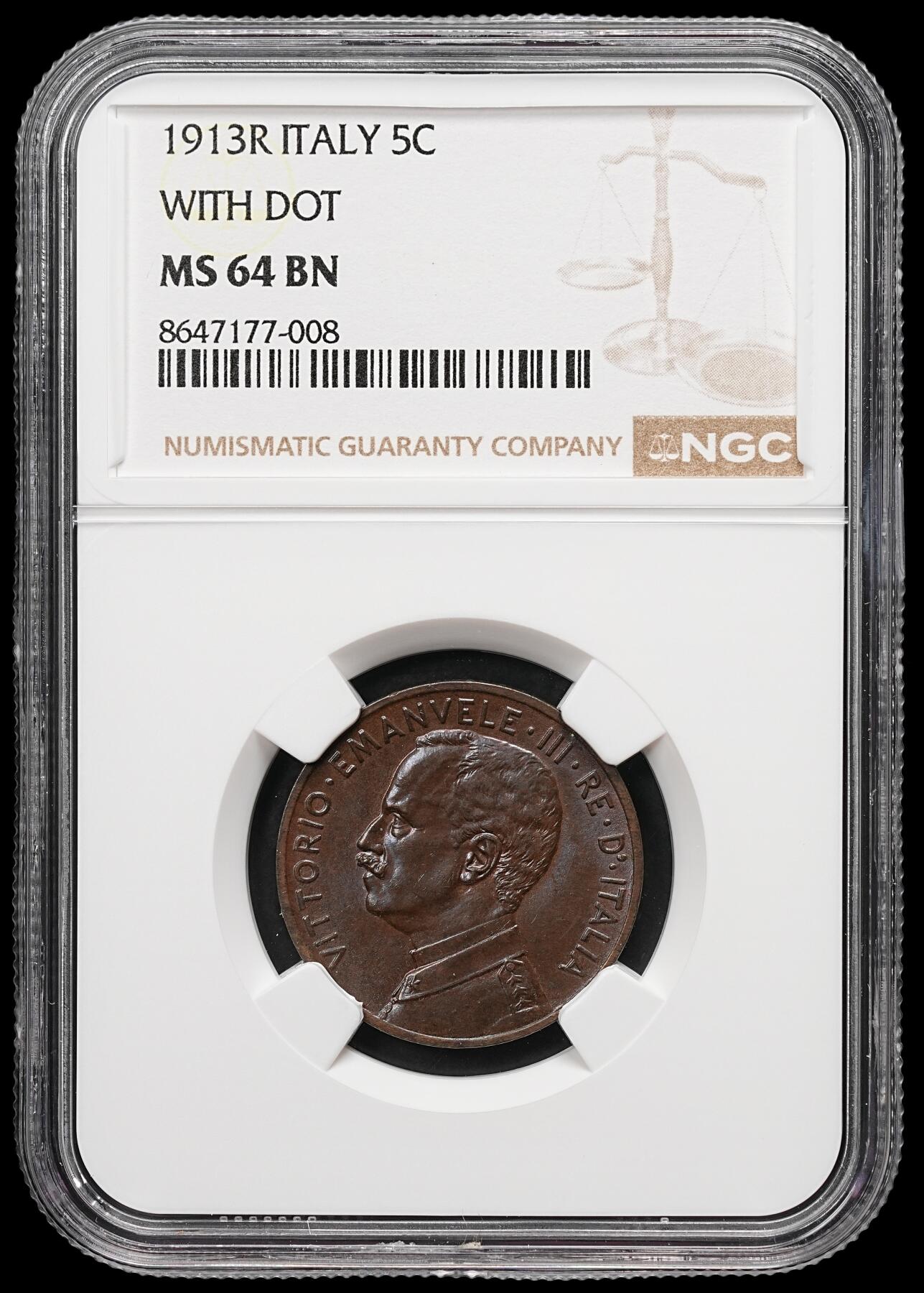 修遠堂世界钱币第112期 NGC MS64BN 1913年意大利5分铜币