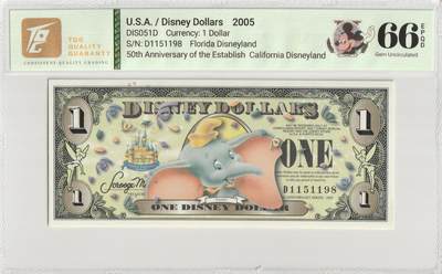 PThappally收藏第57次拍卖，英联邦地区硬币纸币 美国，2005年迪士尼1美元D系列，迪士尼乐园50周年纪念 TQG 66 EPQD Gem UNC