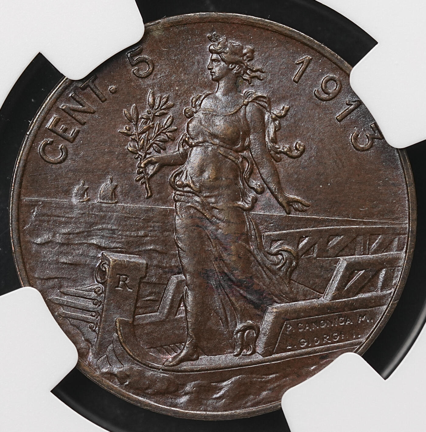 修遠堂世界钱币第112期 NGC MS64BN 1913年意大利5分铜币