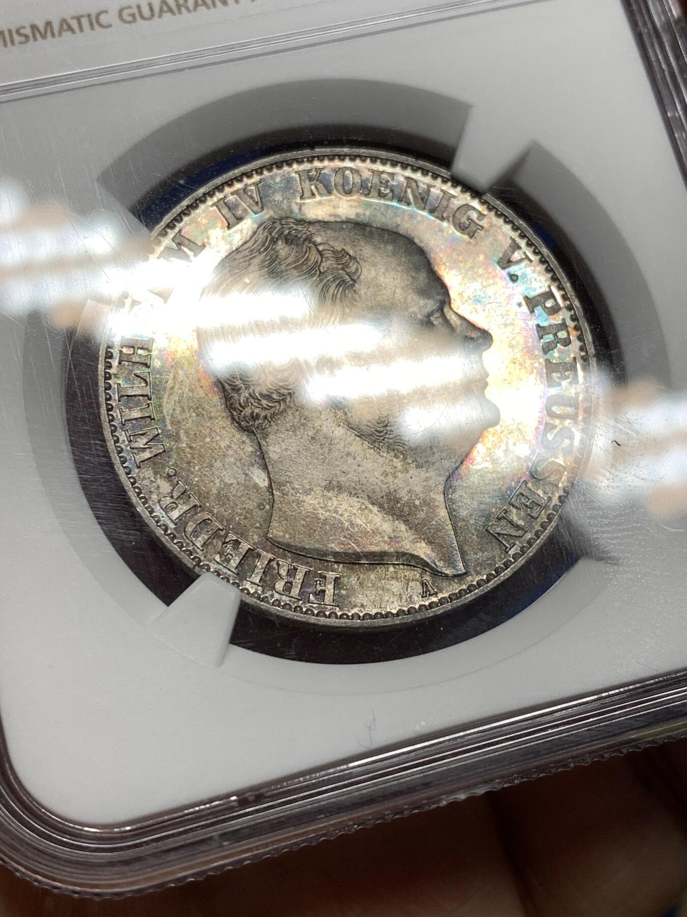 《竞宝斋》第481场 周日，周一 2场连拍 （全场包邮）20级店铺 欢迎送拍 唯一亚军分 NGC PF63CAMEO 德国1857A普鲁士威廉四世-洋葱头1泰勒离冠鹰银币 更高分仅1枚