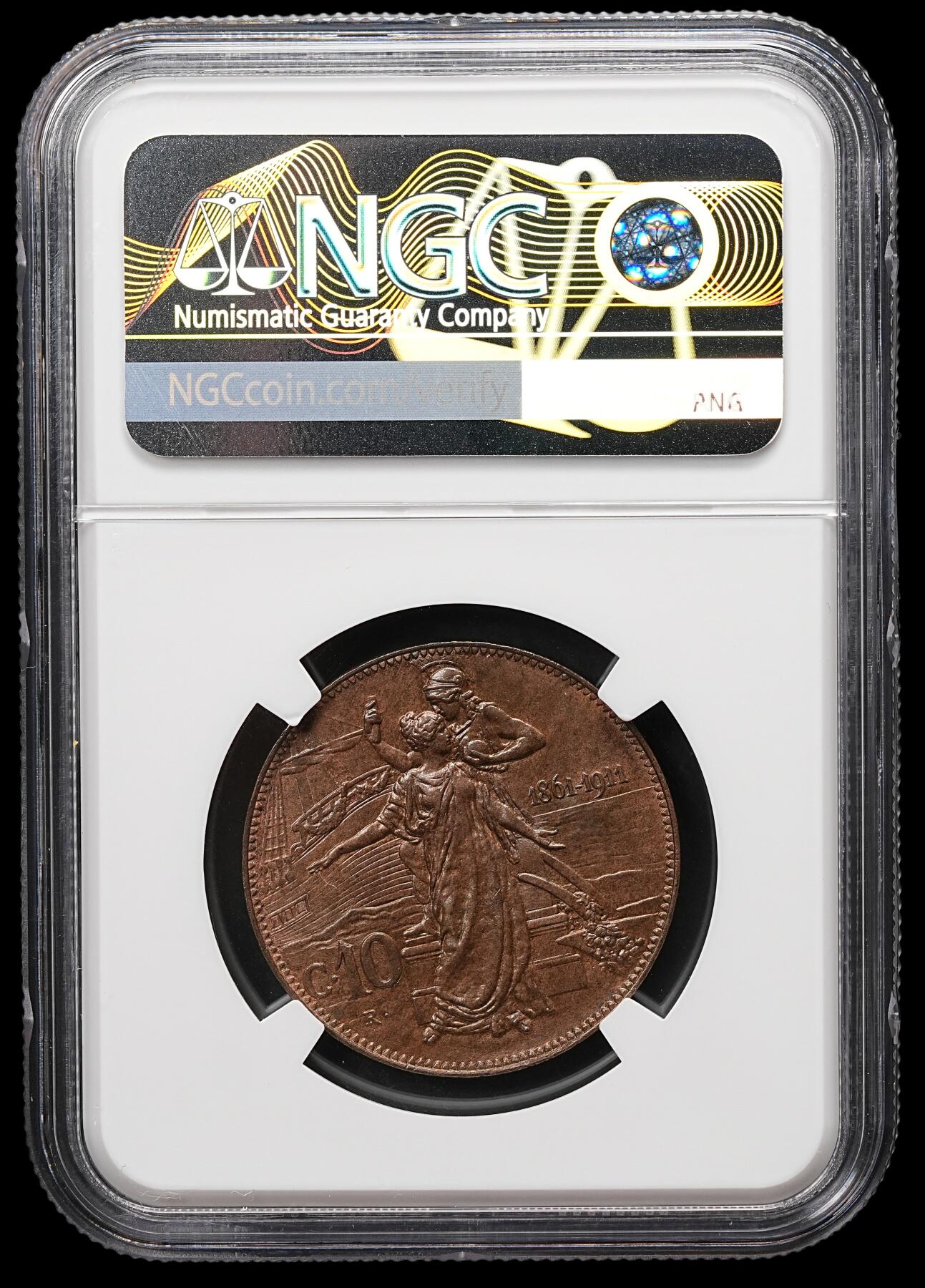 修遠堂世界钱币第112期 NGC MS65RB 1911年意大利王国建国50周年托奶10分铜币