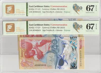 PThappally收藏第57次拍卖，英联邦地区硬币纸币 东加勒比国家，2023年，2x2美元连续序列号32-33，纪念钞票IBNS获奖 TQG 67 GEPQ Superb Gem UNC