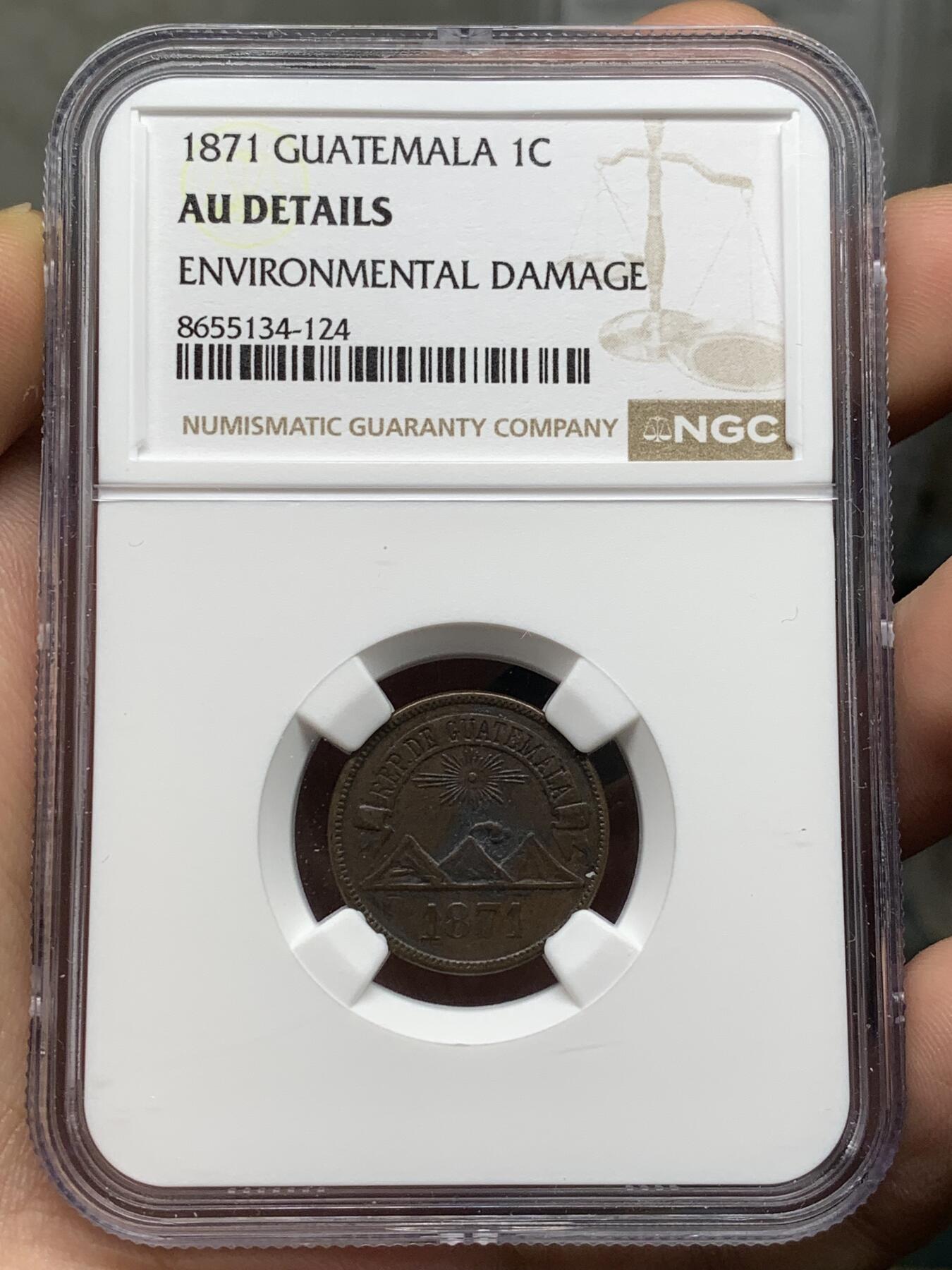 《竞宝斋》第481场 周日，周一 2场连拍 （全场包邮）20级店铺 欢迎送拍 NGC AUD 危地马拉1871年火山1分小铜币