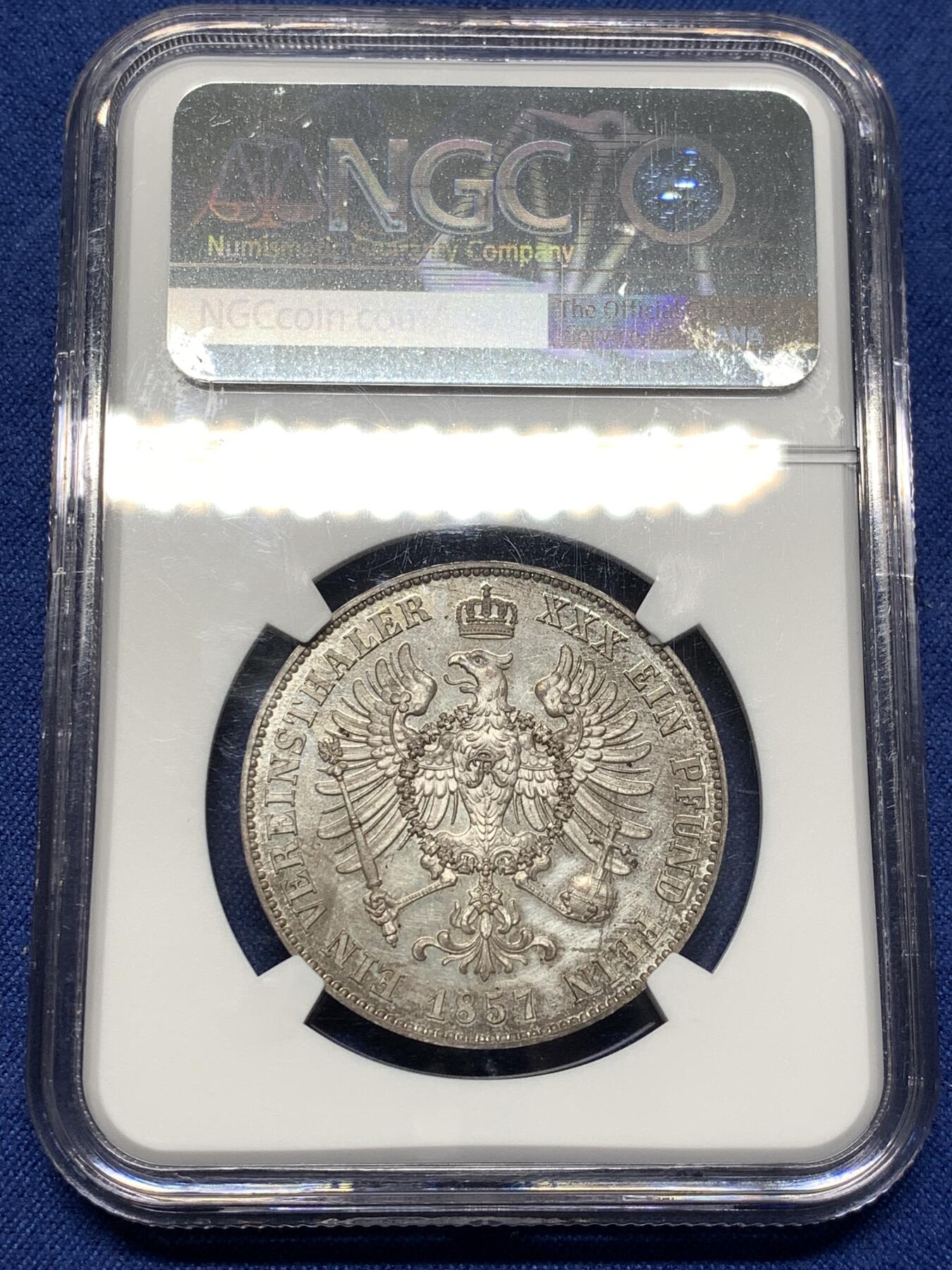 《竞宝斋》第481场 周日，周一 2场连拍 （全场包邮）20级店铺 欢迎送拍 唯一亚军分 NGC PF63CAMEO 德国1857A普鲁士威廉四世-洋葱头1泰勒离冠鹰银币 更高分仅1枚