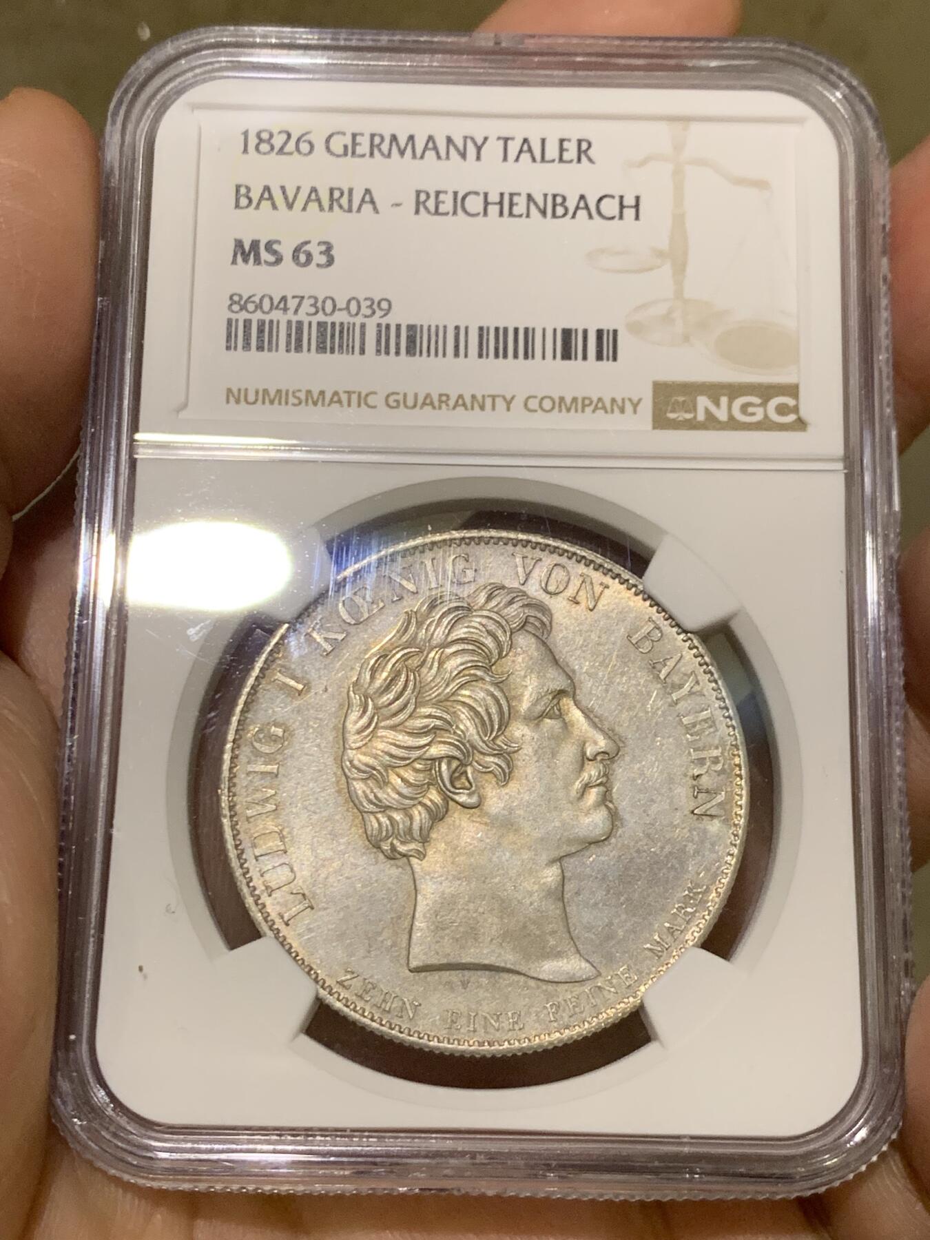 《竞宝斋》第481场 周日，周一 2场连拍 （全场包邮）20级店铺 欢迎送拍 季军分 NGC MS63 德国 巴伐利亚 1826年 赖兴巴赫和弗劳恩霍夫 泰勒大银币 少见的品种 不错的分数