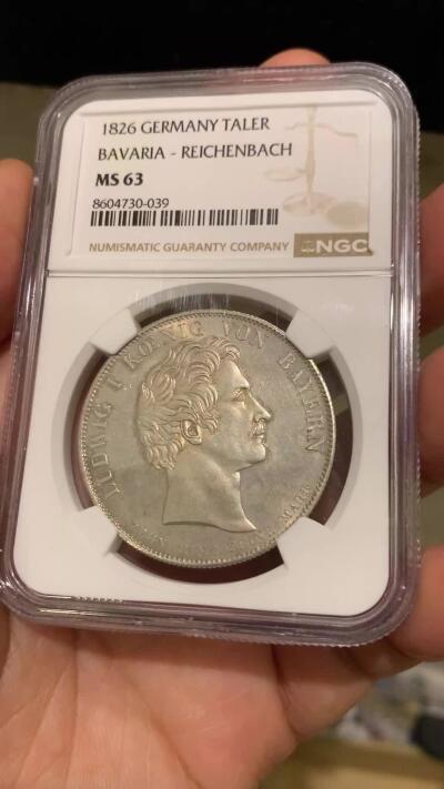 《竞宝斋》第481场 周日，周一 2场连拍 （全场包邮）20级店铺 欢迎送拍 季军分 NGC MS63 德国 巴伐利亚 1826年 赖兴巴赫和弗劳恩霍夫 泰勒大银币 少见的品种 不错的分数