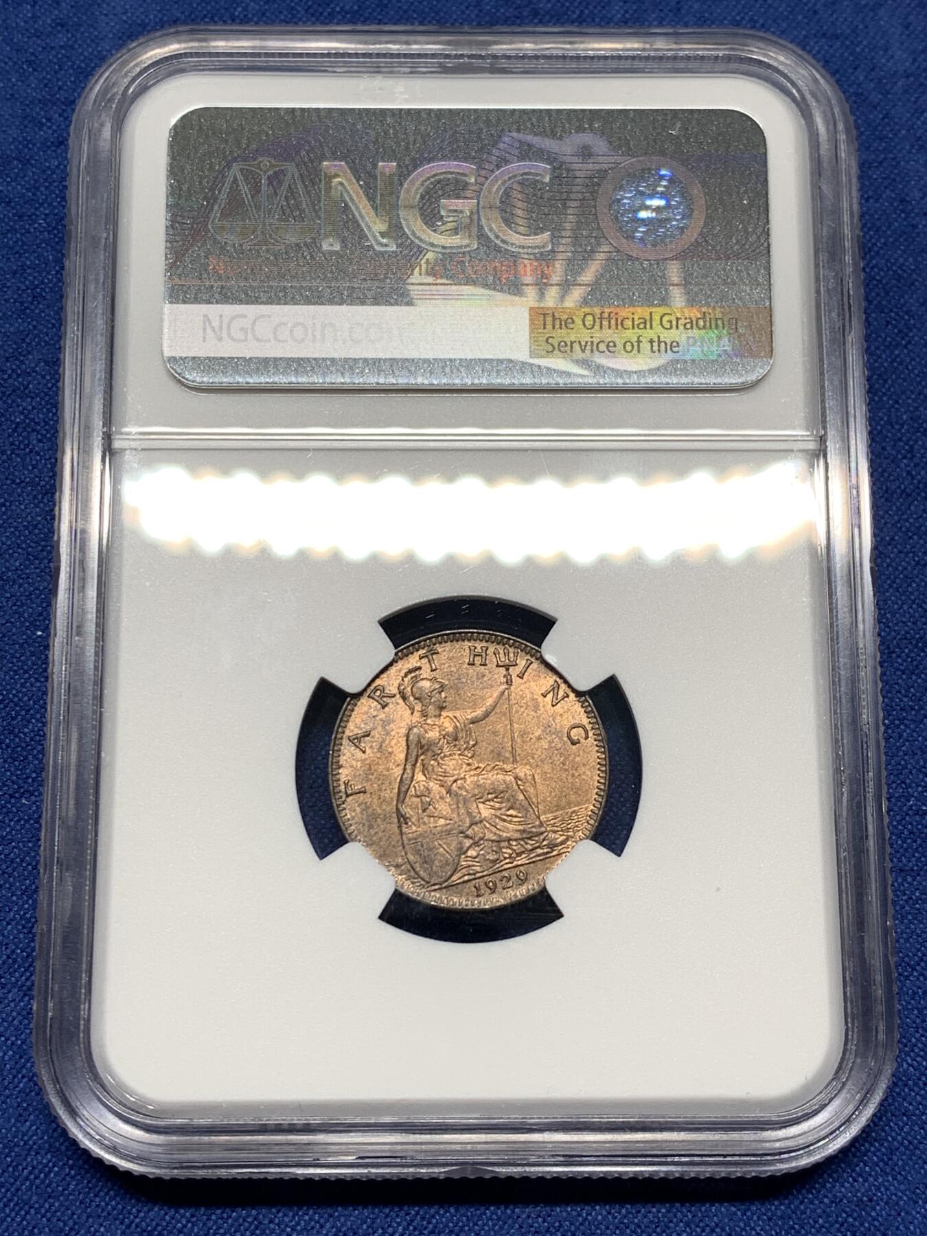 《竞宝斋》第481场 周日，周一 2场连拍 （全场包邮）20级店铺 欢迎送拍 NGC MS63BN 英国1929乔五1/4便士1法新 较为少见的年份，币面观感很好的一枚，近RB状态。亚军分 