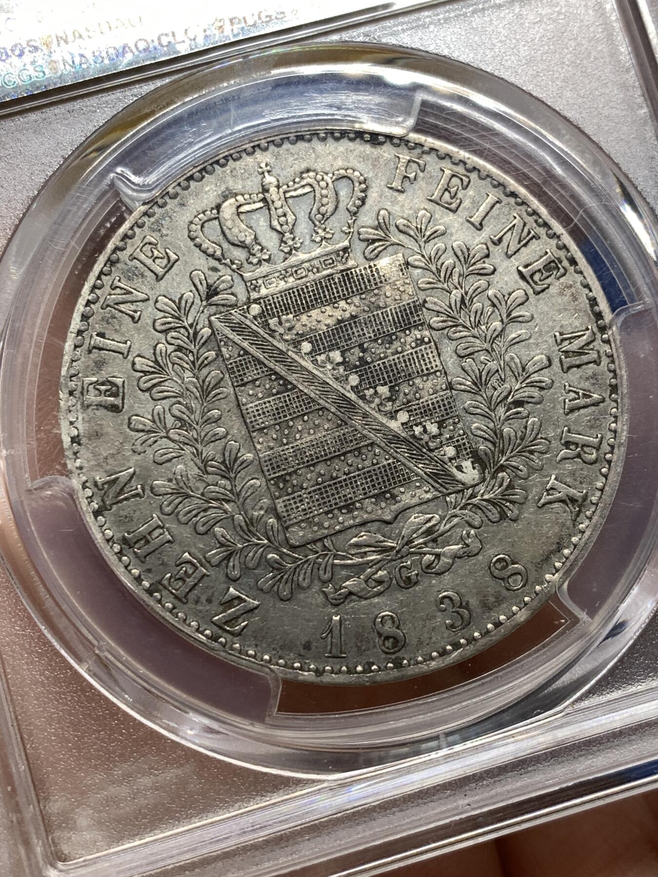 《竞宝斋》第481场 周日，周一 2场连拍 （全场包邮）20级店铺 欢迎送拍 PCGS XF45 德意志萨克森1838年弗里德里希·奥古斯特二世1泰勒银币
