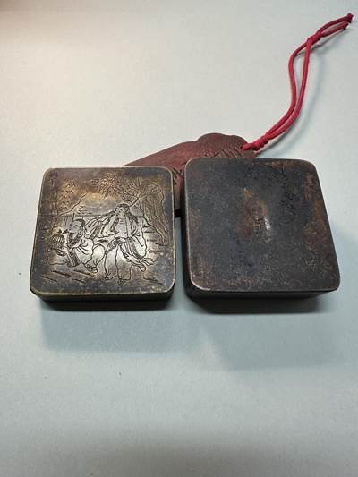 清-民国-建国｜老铜器专场.伍 民国老黄铜方形铜高士童子墨盒