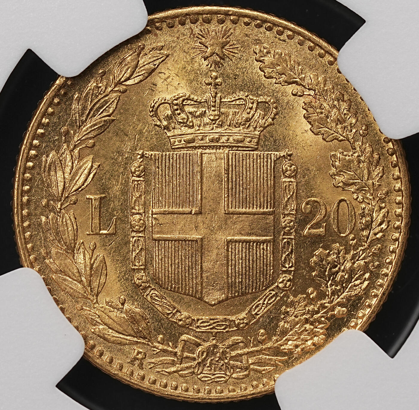 修遠堂世界钱币第112期 NGC MS63 1882年意大利20里拉金币，6.45g，含金90%