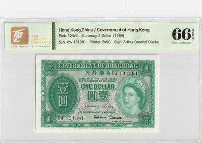 PThappally收藏第57次拍卖，英联邦地区硬币纸币 香港，1959年7月1日 1美元 选票324Ab TQG 66 GEPQ Gem UNC