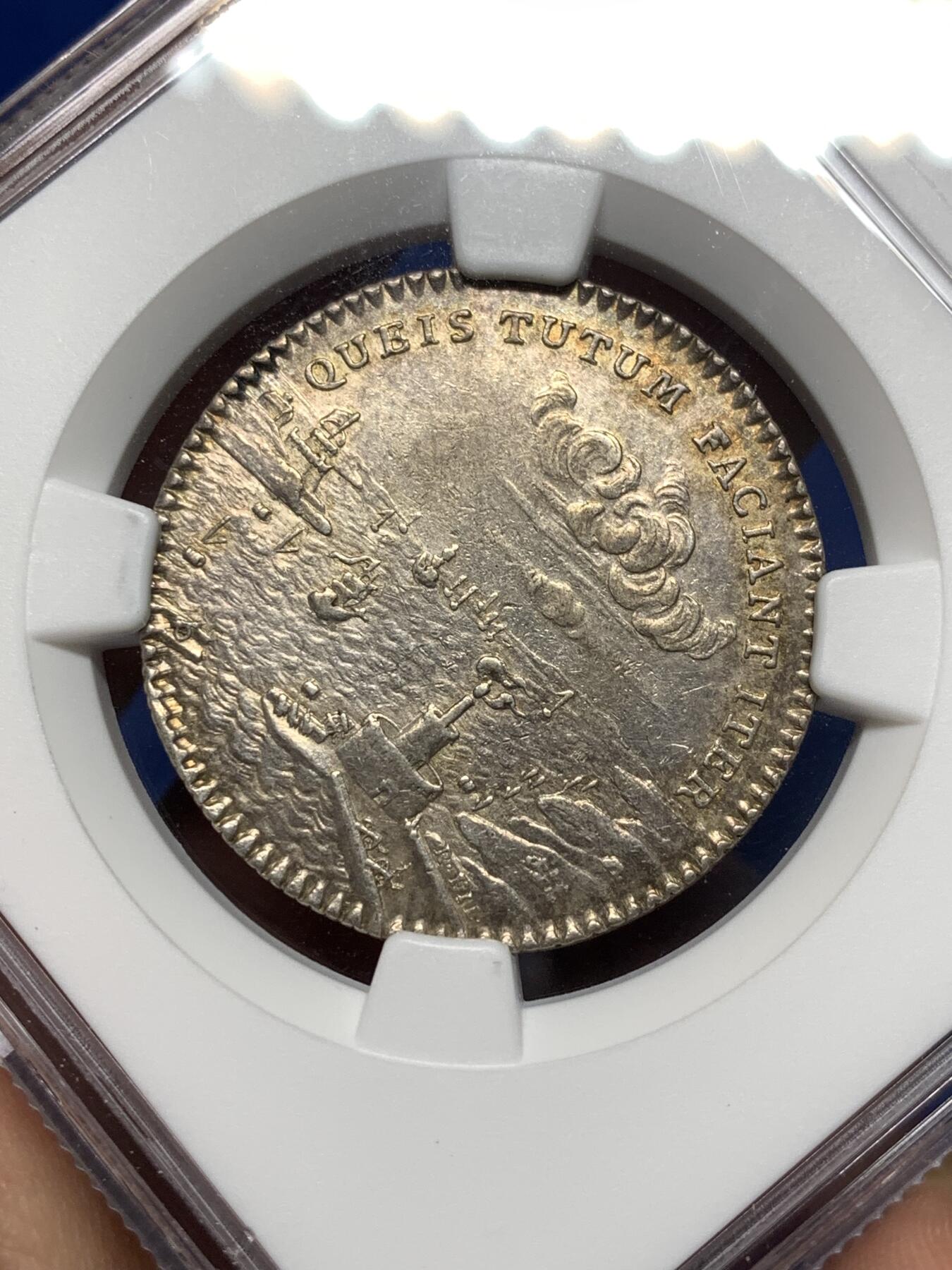 《竞宝斋》第481场 周日，周一 2场连拍 （全场包邮）20级店铺 欢迎送拍 NGC AU58 法国1761年皮卡迪商会银质代币，29mm，唯一季军分，更高分仅2枚，币面景观与徽盾极美