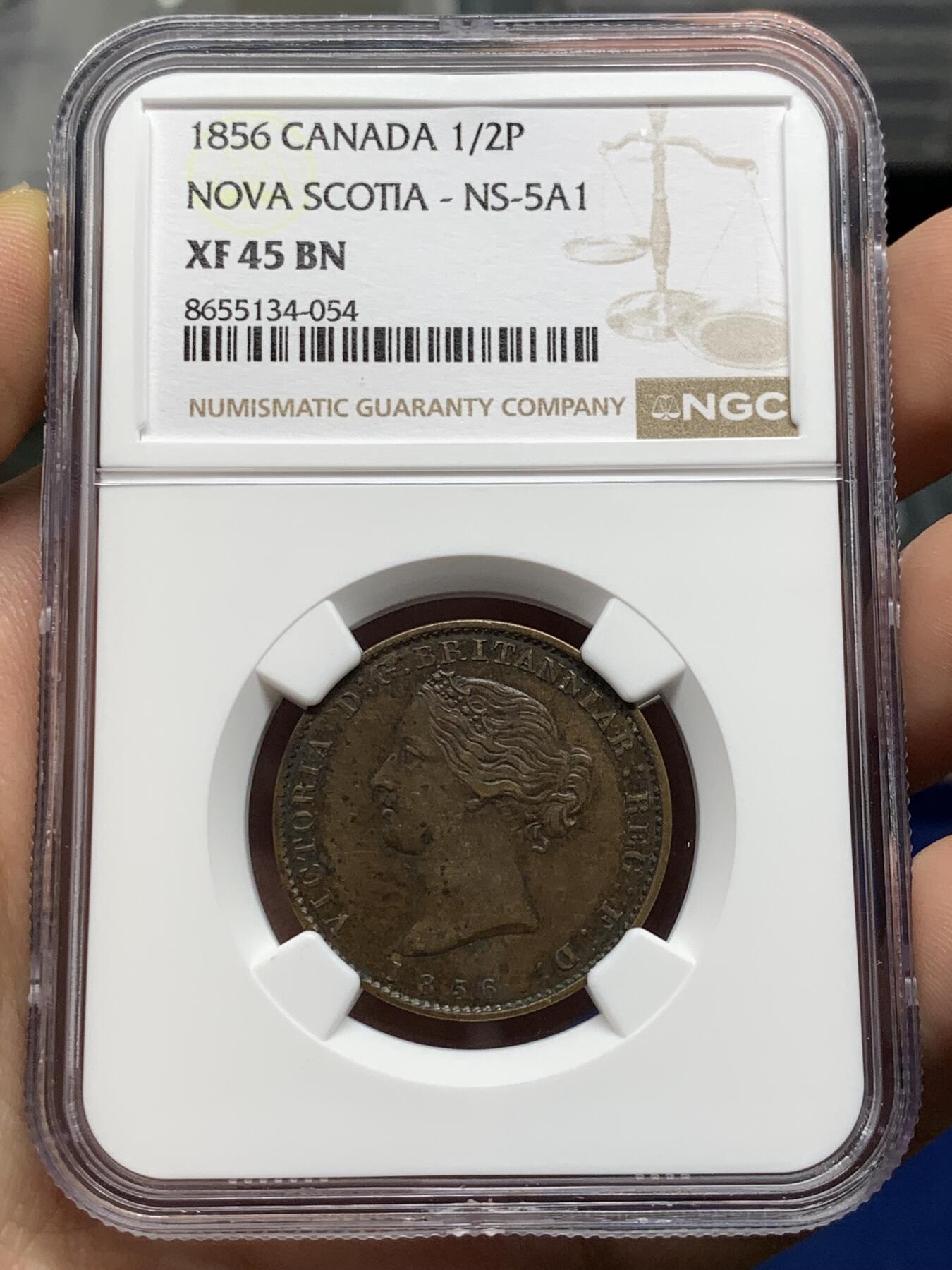 《竞宝斋》第481场 周日，周一 2场连拍 （全场包邮）20级店铺 欢迎送拍 NGC XF45BN 加拿大1856五月花1/2便士 花叶及人像细节很好的一枚，好品少见的品种。背面五月花为北美代表型花卉，是美国开端的象征。略低评状态