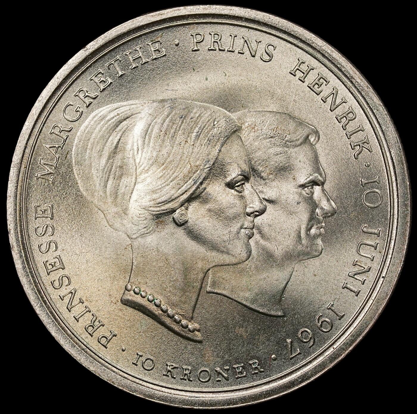 修遠堂世界钱币第112期 1967年丹麦玛格丽特公主结婚纪念10克朗银币 20.40g，含银80%