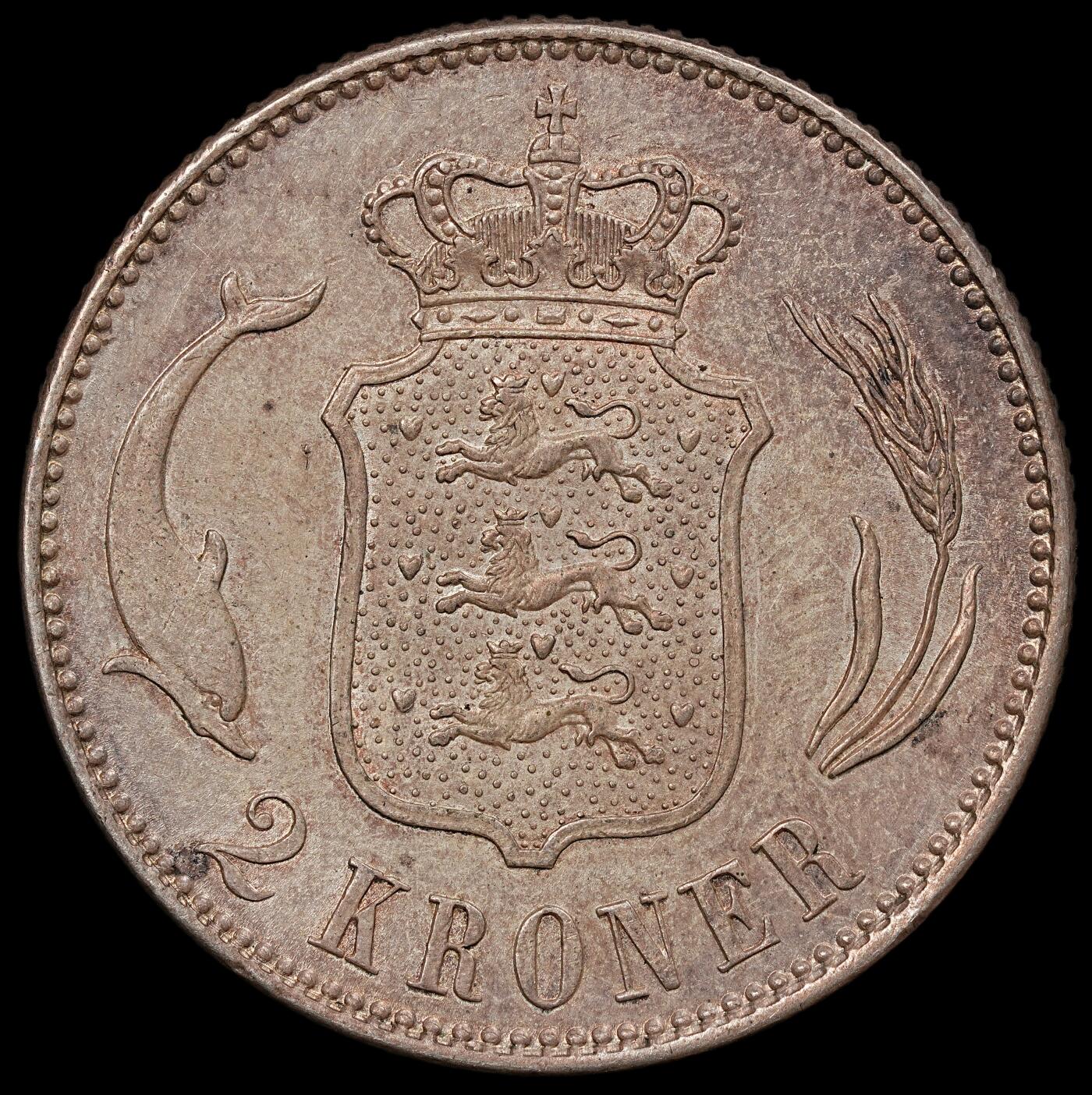 修遠堂世界钱币第112期 1916年丹麦海豚2克朗银币 15g 含银80%，纸袋包浆