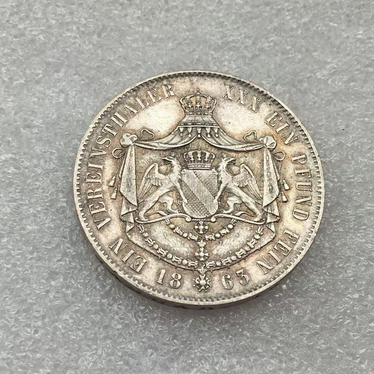 世界钱币专场拍卖 每周二开拍 稀少1863年德国巴登大公窗帘版1泰勒银币