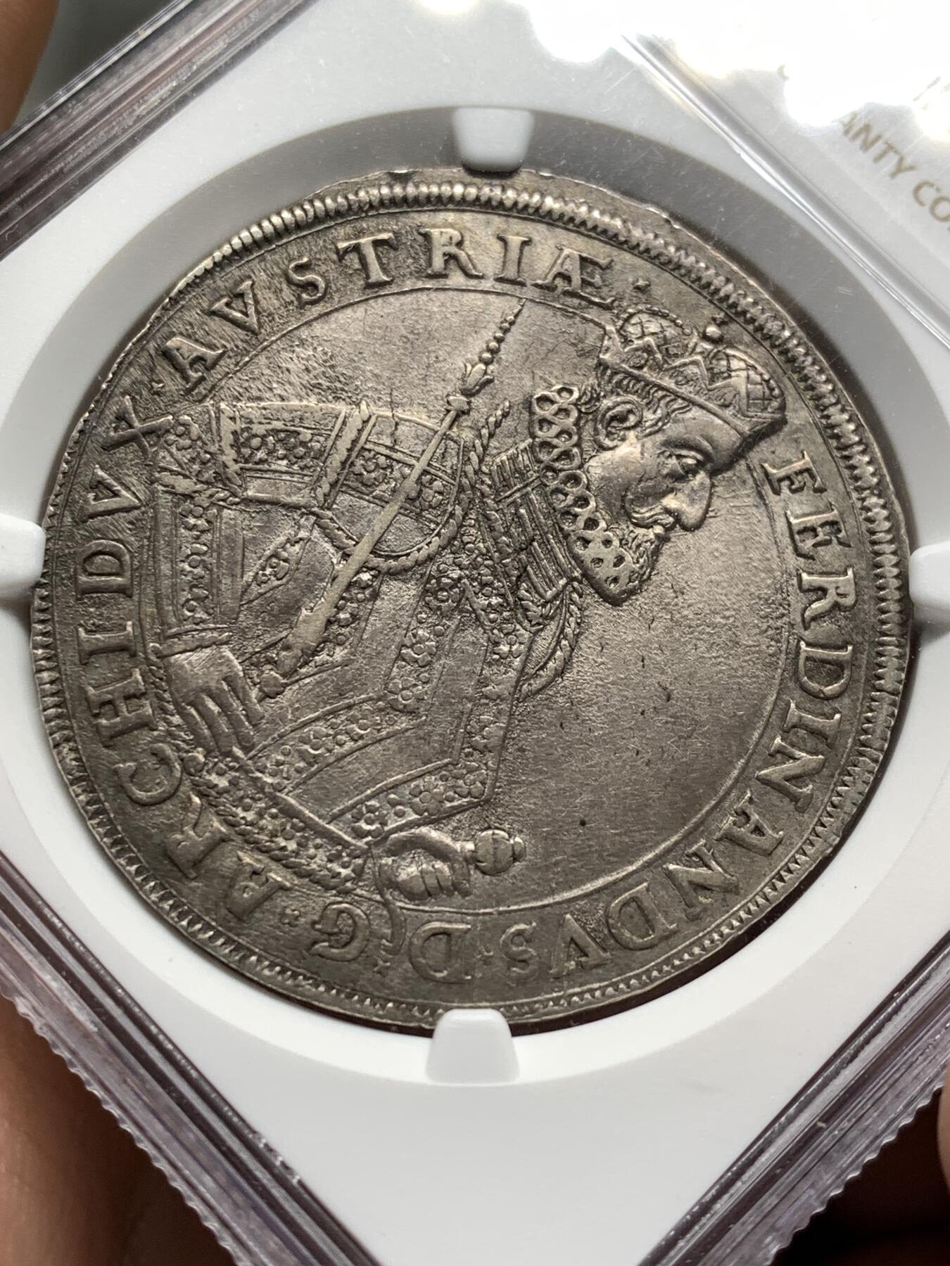 《竞宝斋》第481场 周日，周一 2场连拍 （全场包邮）20级店铺 欢迎送拍 NGC AU58 奥地利帝国 1617年 施蒂利亚公国 费迪南德 泰勒大银币 独年发行 稀少格拉兹厂版本 历经400多年 细节依然传神 去年53分成交价过1W 上月同分1.5w成交