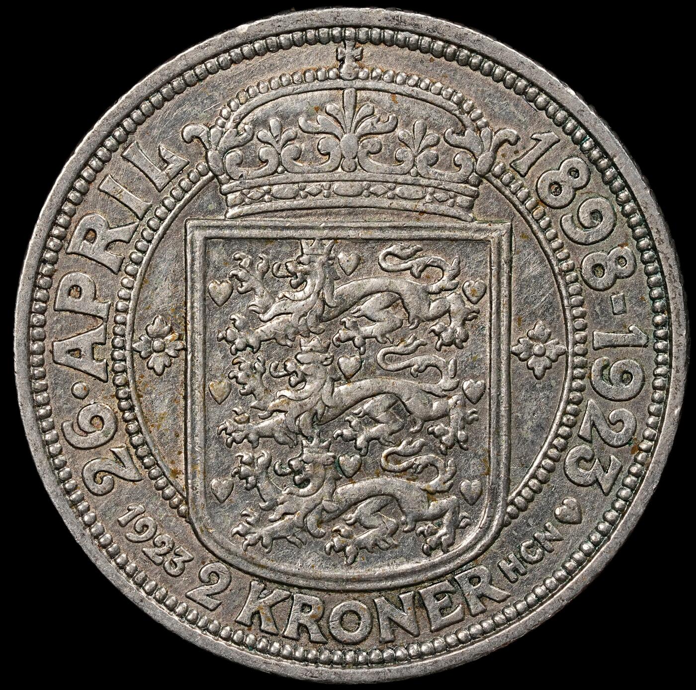 修遠堂世界钱币第112期 1923年丹麦国王银婚纪念2克朗银币 15g，含银80%