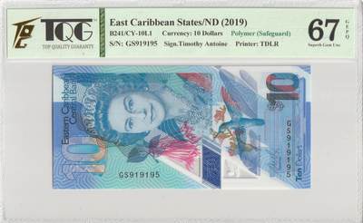 PThappally收藏第57次拍卖，英联邦地区硬币纸币 东加勒比国家，2019年，10美元， TQG 67 GEPQ Superb Gem UNC