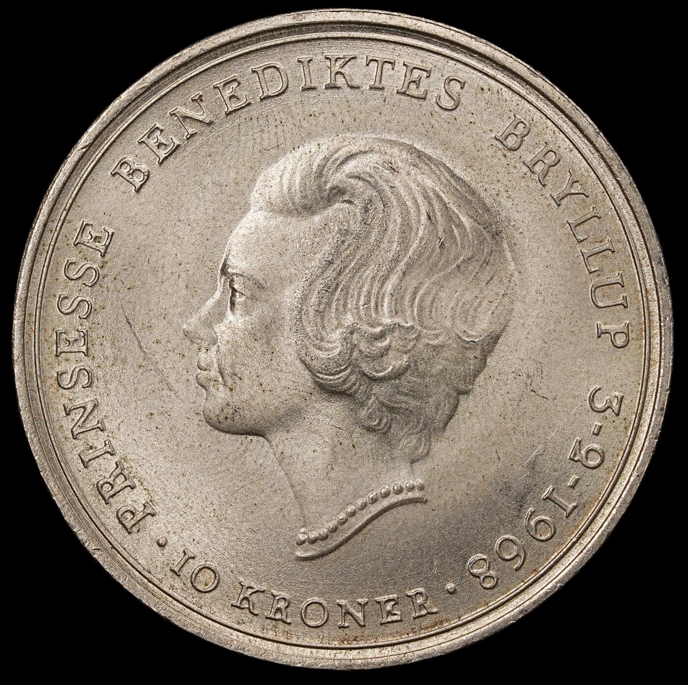 修遠堂世界钱币第112期 1968年丹麦公主本尼迪克特结婚纪念10克朗银币 20.40g，含银80%