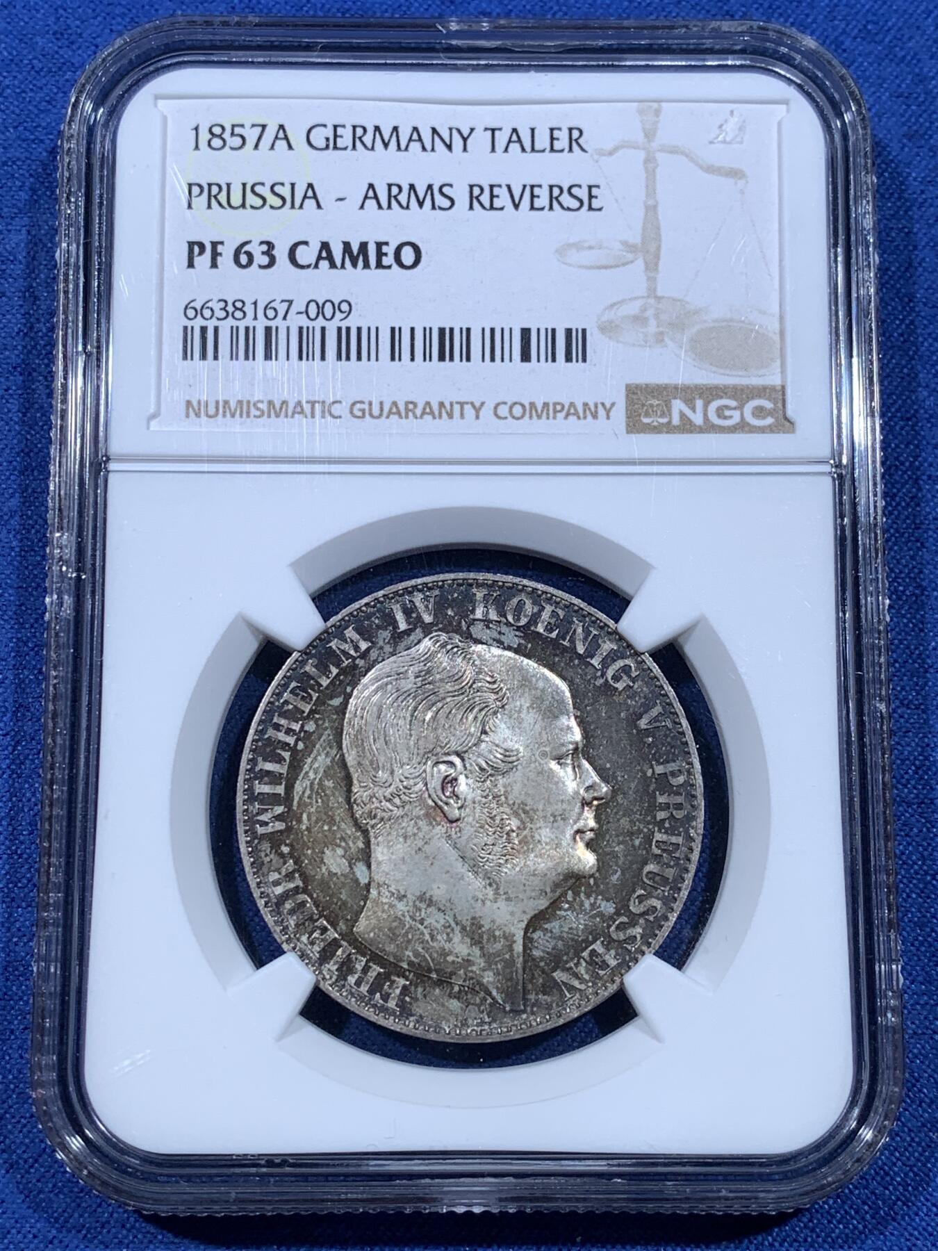 《竞宝斋》第481场 周日，周一 2场连拍 （全场包邮）20级店铺 欢迎送拍 唯一亚军分 NGC PF63CAMEO 德国1857A普鲁士威廉四世-洋葱头1泰勒离冠鹰银币 更高分仅1枚