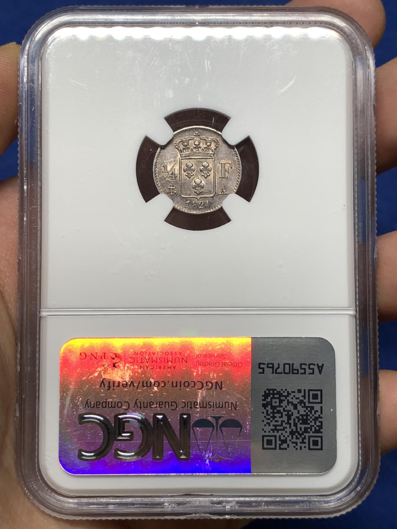 《竞宝斋》第481场 周日，周一 2场连拍 （全场包邮）20级店铺 欢迎送拍 NGC AUD 法国1824年路易十八1/4法郎银币，法郎辅币稀少。